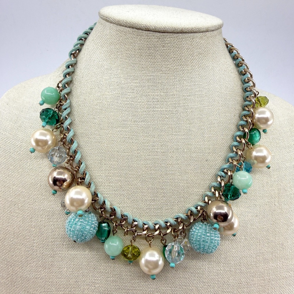 Aqua Faux Pearl Charm Necklace Gold Tone Chunky Beaded Boho Statement Jewelry
